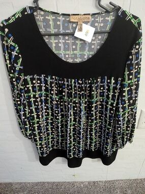 Notations Black Scoop-Neck Blouse with Green & Blue Geometric Print